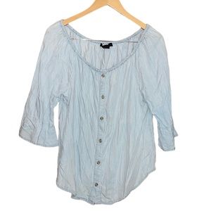 •SANCTUARY•CHAMBRAY BUTTON DOWN FLOWY BODICE BELL SLEEVE BLOUSE SIZE LARGE.